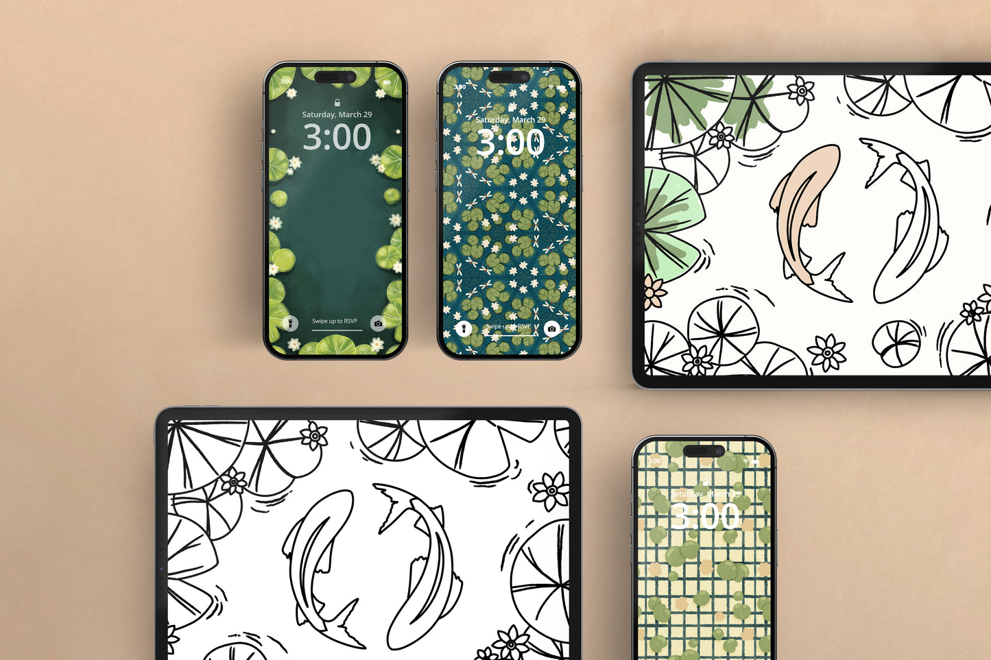 set of digital downloads in iPhones and iPads including wallpapers and a digital download of a coloring versions of this months postcard design